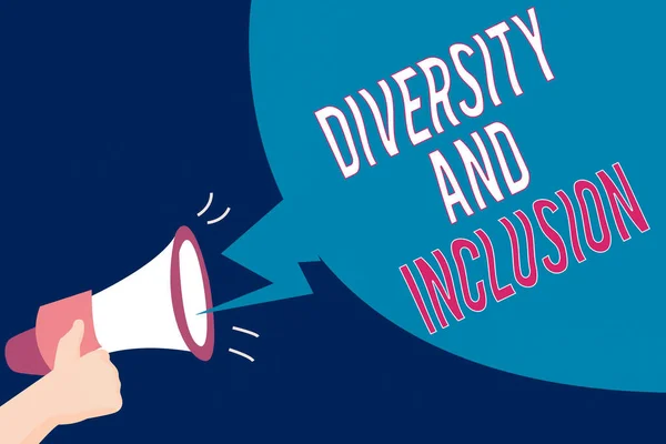 Text sign showing Diversity And Inclusion. Conceptual photo range difference includes race ethnicity gender Hu analysis Hand Holding Megaphone with Sound Effect and Blank Broadcast Bubble.