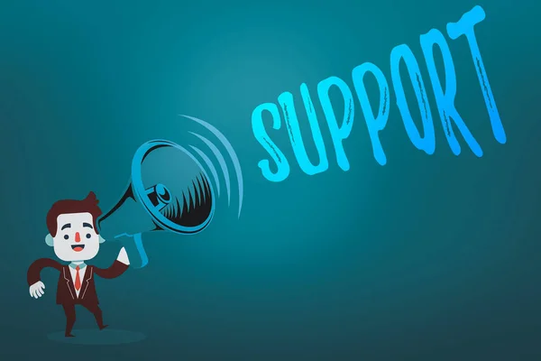 Writing note showing Support. Business photo showcasing maintain, sustain, uphold all mean to hold up and to preserve Man in Suit Earpad Standing Moving Holding a Megaphone with Sound icon. — Stock Photo, Image