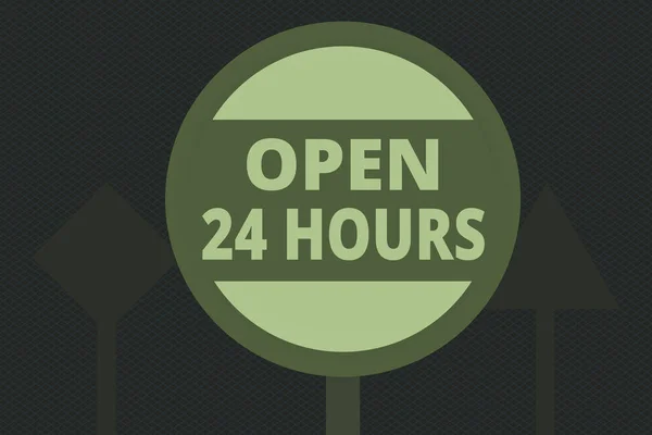 Writing note showing Open 24 Hours. Business photo showcasing available all day and all night without closing or stopping Three Blank Safety Road signs One lighted and two dark Street Signage. — Stock Photo, Image