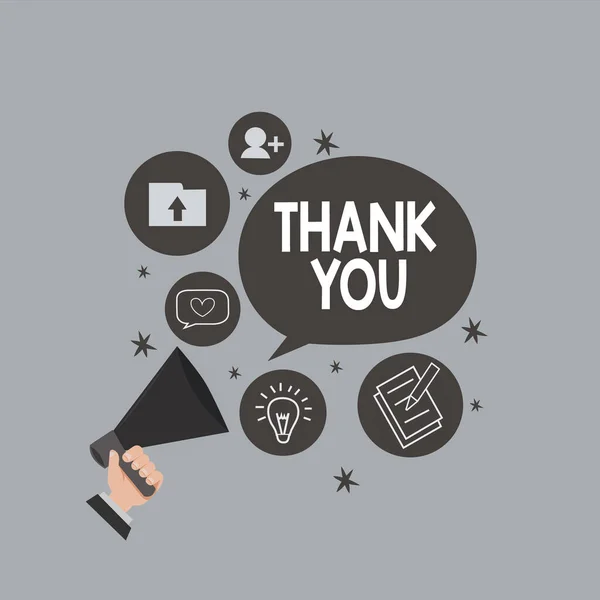 Text sign showing Thank You. Conceptual photo a polite expression used when acknowledging a gift or service Hu analysis Hand Holding Megaphone Talking Different Topic and Speech Bubble. — Stock Photo, Image