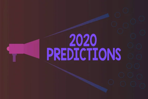 Nota de escritura que muestra las predicciones de 2020. Declaración de presentación de fotos de negocios sobre lo que cree que sucederá en 2020 Megáfono Ampliación de la intensidad y el rango de volumen para el anuncio público . —  Fotos de Stock