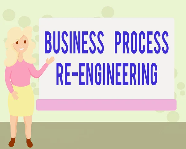 Conceptual hand writing showing Business Process Re Engineering. Business photo showcasing the analysis and design of workflows Female Hu analysis Presenting Rectangular Blank Whiteboard. — Stock Photo, Image