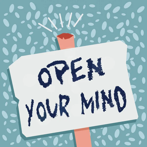 Writing note showing Open Your Mind. Business photo showcasing to be able to understand different ideas or ways of thinking Blank Old Weathered Signpost Geometrical Shape Halftone with One stand.