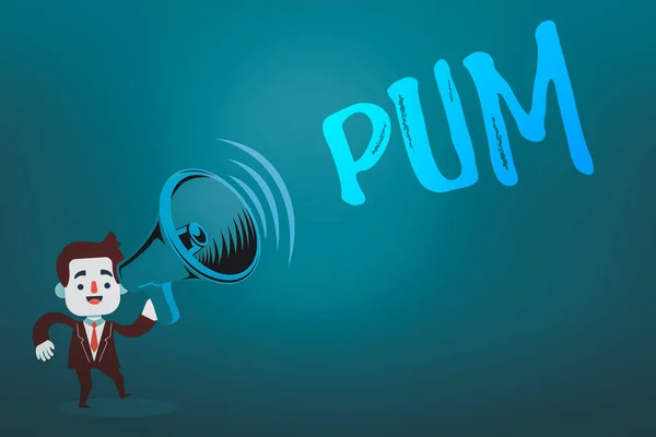 Writing note showing Pum. Business photo showcasing unwanted change that can be performed by legitimate applications Man in Suit Earpad Standing Moving Holding a Megaphone with Sound icon. — Stock Photo, Image