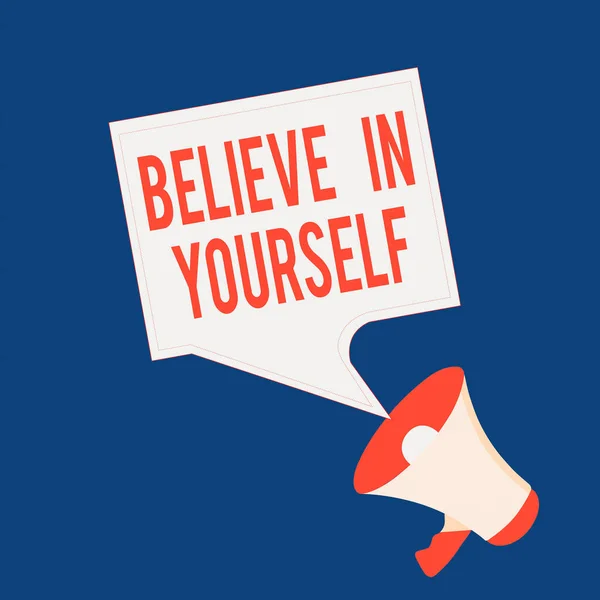 Writing note showing Believe In Yourself. Business photo showcasing common piece of advice that you can do everything Megaphone and Blank Bordered Square Speech Bubble Public Announcement. — Stock Photo, Image