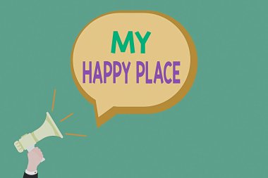 Mutlu Evim 'i gösteren bir mesaj. Kavramsal fotoğraf güzel bir şey oldu ya da hayattan memnun kaldılar Hu Analiz Ses simgesi ve boş konuşma baloncuğu ile el ele megafonu.