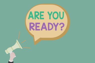 Soru için hazır mısın diye mesaj işareti. Kavramsal fotoğraf birisine hazır hissettiğinde ses simgesi ve boş konuşma balonlu Hu analizi el ele tutuşması megafonuna başlamasını söylüyor..