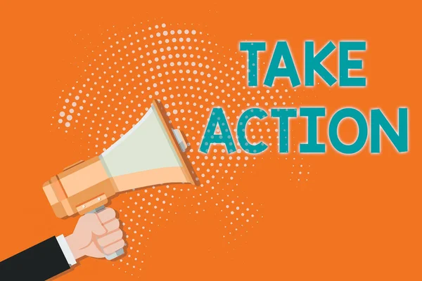 Take Action 'ı gösteren bir not yazıyorum. İş fotoğrafçılığı, yarı ton modelinde özel bir sonuç elde etmek için özel bir şey yapmak üzere Male Hu Analizi El Tutma Megafonu. — Stok fotoğraf