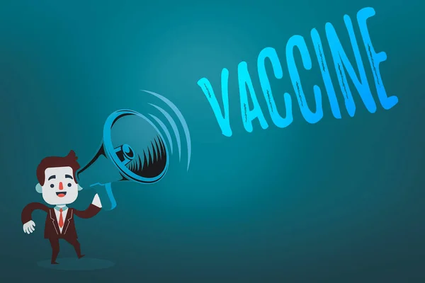 Skriftlig anteckning som visar Vaccin. Företagsfoto visa upp förberedelse av dödade mikroorganismer eller levande försvagade organismer Man in Suit Earpad Standing Moving Holding en Megaphone med ljud ikon. — Stockfoto