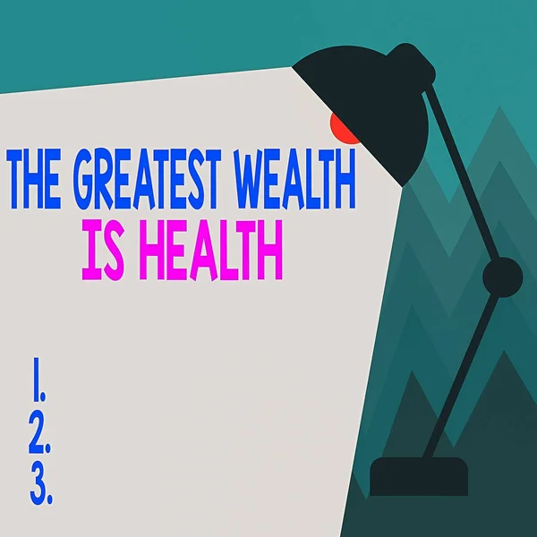 Konceptualne pismo pokazujące "Największe bogactwo to zdrowie". Biznes zdjęcia showcasing Wiele poświęcić swoje pieniądze tylko po to, aby być zdrowym Wisiorek Stół Regulowany z Light Beam Ray miejsca na tekst. — Zdjęcie stockowe