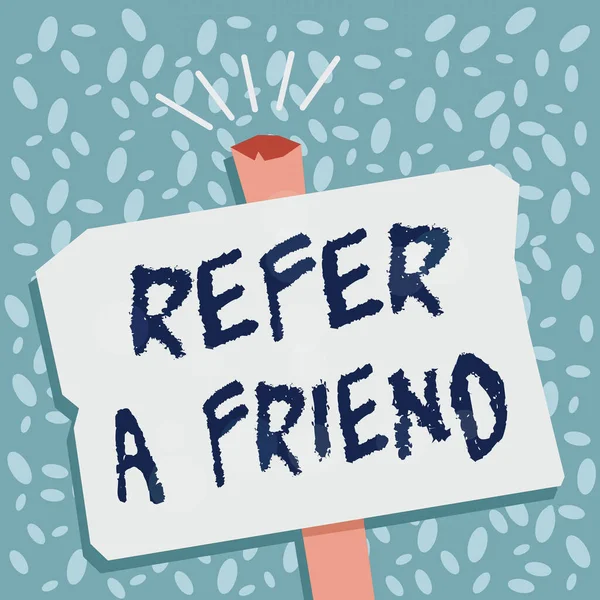 Note d'écriture montrant Refer A Friend. Photo d'affaires montrant diriger quelqu'un vers un autre ou lui envoyer quelque chose comme un cadeau Vieil enseigne altérée vierge Forme géométrique Halftone avec un stand . — Photo