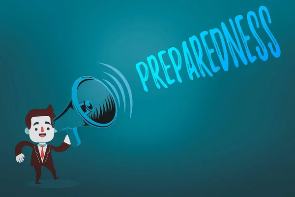 Nota de redação mostrando Preparação. Foto de negócios mostrando qualidade ou estado de preparação em caso de eventos inesperados Man in Suit Earpad Standing Moving Holding a Megaphone with Sound icon . — Fotografia de Stock