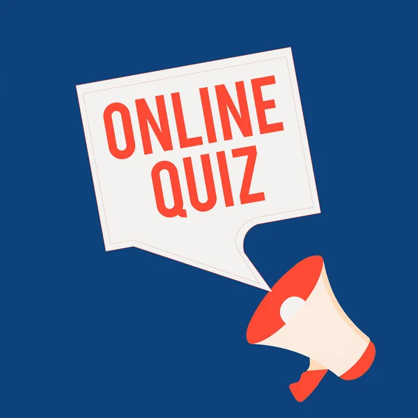 Pisanie notatki pokazującej Quiz online. Biznes zdjęcia wyświetlania gry lub sportu umysłu, które są publikowane w Internecie Megaphone i puste graniczy kwadratowe Speech Bubble Publiczne ogłoszenie. — Zdjęcie stockowe