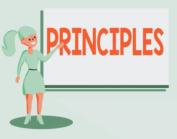 Text sign showing Principles. Conceptual photo fundamental truth that serves as the base for a system of belief Wo analysis Standing Talking Hand Presenting Audio Visual Blank Projector Screen.