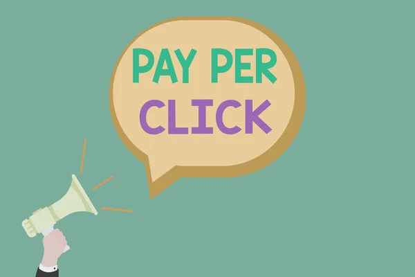 Text sign showing Pay Per Click. Conceptual photo internet marketing in which payment is based on clickthroughs Hu analysis Hand Holding Megaphone with Sound icon and Blank Speech Bubble. — Stock Photo, Image