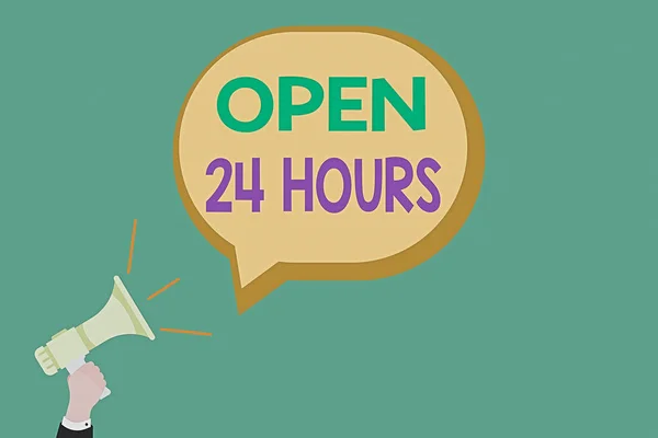 Znak tekstowy pokazujący Open 24 Hours. Koncepcyjne zdjęcie dostępne przez cały dzień i całą noc bez zamykania lub zatrzymywania analizy Hu Ręczne trzymanie Megafon z ikoną dźwięku i pustą bańką mowy. — Zdjęcie stockowe