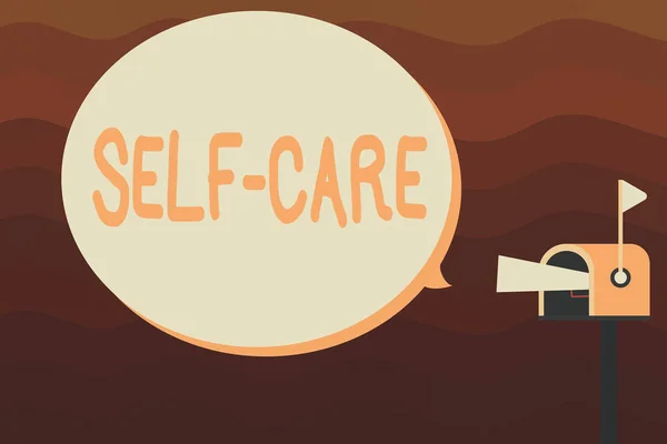 Text sign showing Self Care. Conceptual photo the practice of taking action to improve one s is own health Megaphone in Flag up Mailbox Announcement Direct Marketing Dialog box. — Stock Photo, Image