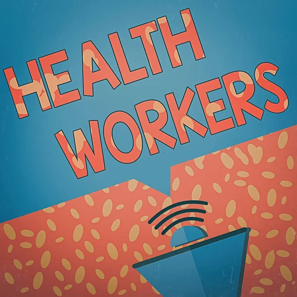 Writing note showing Health Workers. Business photo showcasing whose job to protect the health of their communities Megaphone Halftone with Sound icon and Blank Geometric Speech Bubble.