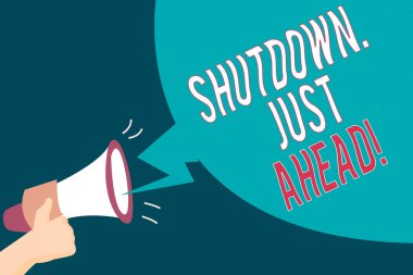 Kapanmayı gösteren bir mesaj var. Kavramsal fotoğraf kapama fabrikası işi ya kısa zaman ya da sonsuza kadar Hu analizi Ses Efekti ve Boş Yayın Kabarcığı ile El Tutma Megafonu.