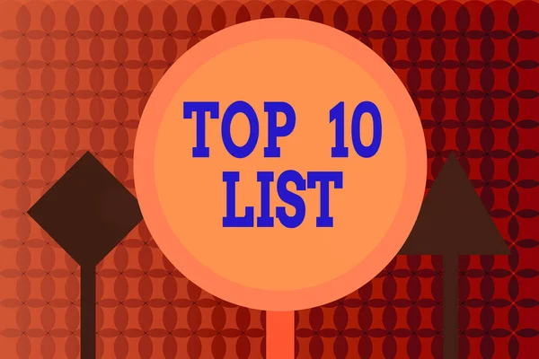 Kézírás szöveg írás Top 10 Lista. Koncepció a tíz legfontosabb vagy legsikeresebb elem egy adott listán Három üres biztonsági útjelző Egy kivilágított és két sötét útjelző tábla. — Stock Fotó