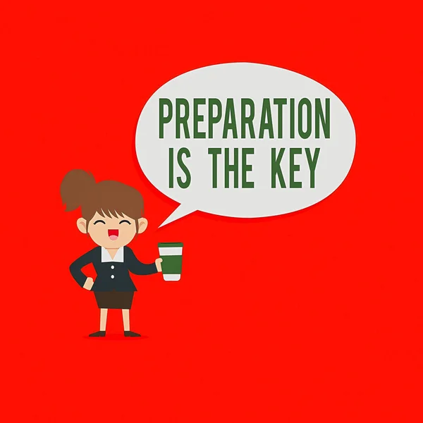 Handwriting text Preparation Is The Key. Concept meaning it reduces errors and shortens the activities Female Hu analysis Wearing Uniform Holding a coffee To Go Cup and Speech Bubble.