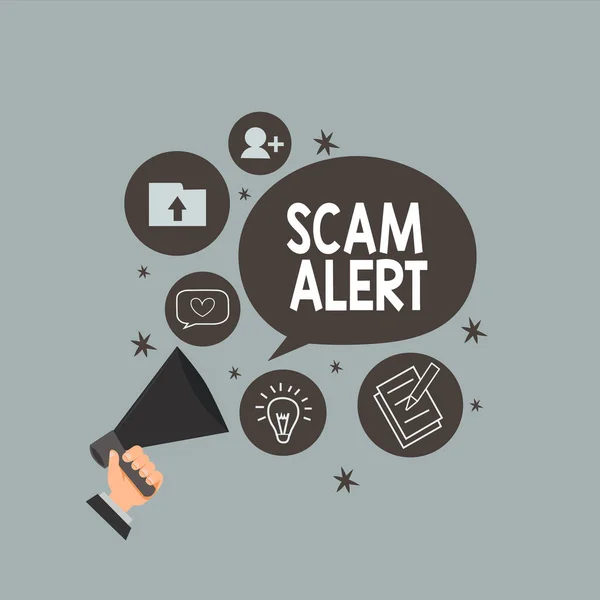 Signe texte montrant Scam Alert. Photo conceptuelle e-mail non sollicité qui revendique la perspective d'une bonne affaire analyse Hu main tenant mégaphone parler sujet différent et bulle de la parole . — Photo