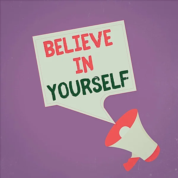 Text sign showing Believe In Yourself. Conceptual photo common piece of advice that you can do everything Megaphone and Blank Bordered Square Speech Bubble Public Announcement.