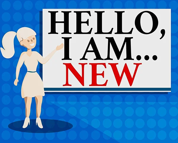 Escribiendo nota que muestra Hello I Am New. Exhibición de la foto del negocio saludo usado o comenzar la conversación telefónica Análisis de Wo Presentando la pantalla en blanco audiovisual del proyector . —  Fotos de Stock