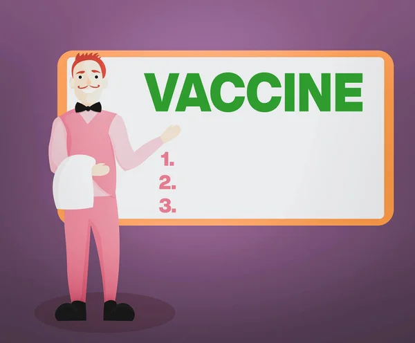 백신을 보여 주는 글씨체. 메뉴보드 앞에 서 있는 미생물 또는 살아 있는 살아 있는 유기체 수컷 웨이터를 전시하는 사업 사진. — 스톡 사진