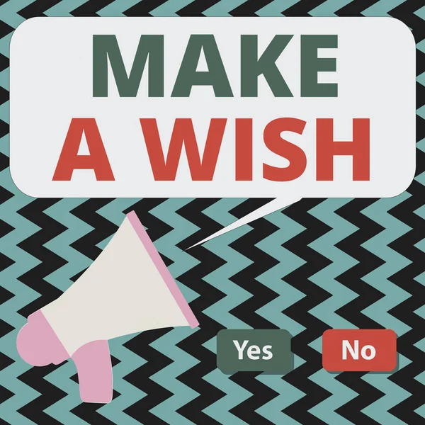 Konceptualny rękopis pokazujący Make A Wish. Biznes zdjęcie tekst pragnienie sytuacji, która różni się od tych, które istnieją Przycisk selekcji Zielony i czerwony z Mowa Bubble Megafon. — Zdjęcie stockowe