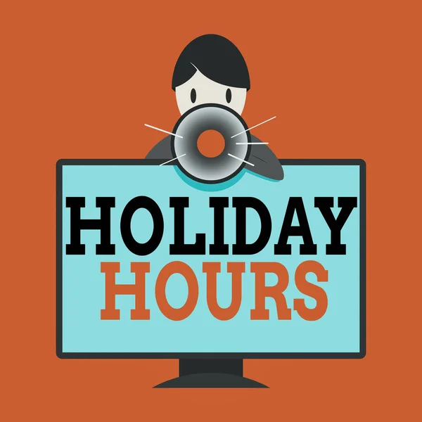 Writing note showing Holiday Hours. Business photo showcasing employee receives twice their normal pay for all hours Man Behind mounted PC Monitor Talking and Holding Megaphone. — Stock Photo, Image