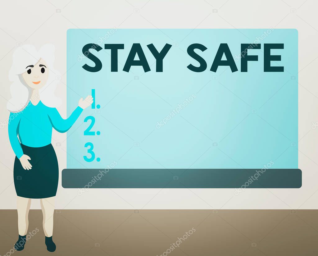 Writing note showing Stay Safe. Business photo showcasing secure from threat of danger, harm or place to keep articles Female Hu analysis Presenting Rectangular Blank Whiteboard.
