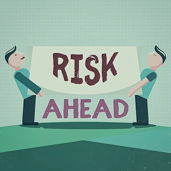 Writing note showing Risk Ahead. Business photo showcasing A probability or threat of damage, injury, liability, loss Two Men Standing Carrying Rectangular Blank Panel Board on Both Sides. — Stock Photo, Image