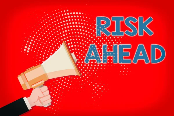 Writing note showing Risk Ahead. Business photo showcasing A probability or threat of damage, injury, liability, loss Male Hu analysis Hand Holding Megaphone on Halftone Pattern. — Stock Photo, Image