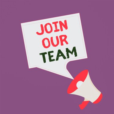 Takımımıza katıldığını gösteren mesaj işareti. Kavramsal fotoğraf birini yerel grubunuza ya da şirketinize katılmaya davet ediyor Megaphone ve Boş Sınır Meydanı Konuşma Baloncuğu Duyurusu.