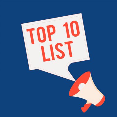 Top 10 Listesini gösteren not yazılıyor. Belirli bir listedeki en önemli ve en başarılı on parçayı gösteren iş fotoğrafı Megafon ve Boş Sınır Meydanı Konuşması Kamu Duyurusu.