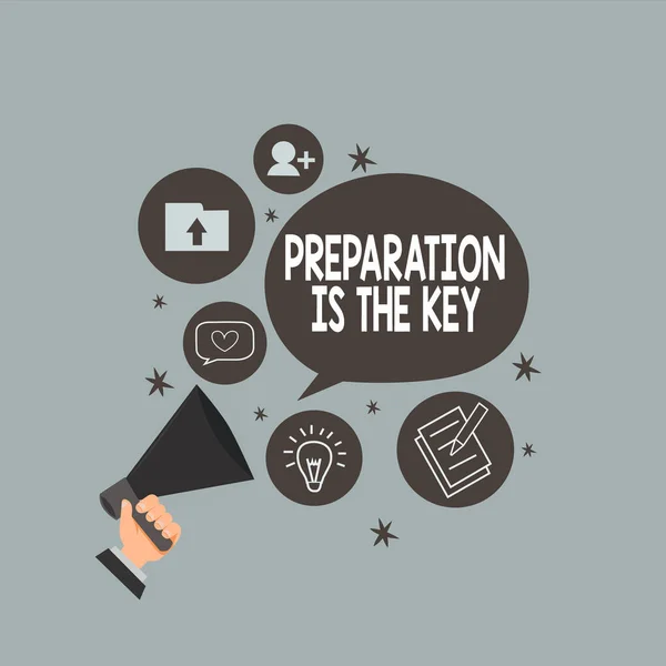 Text sign showing Preparation Is The Key. Conceptual photo it reduces errors and shortens the activities Hu analysis Hand Holding Megaphone Talking Different Topic and Speech Bubble. — Stock Photo, Image