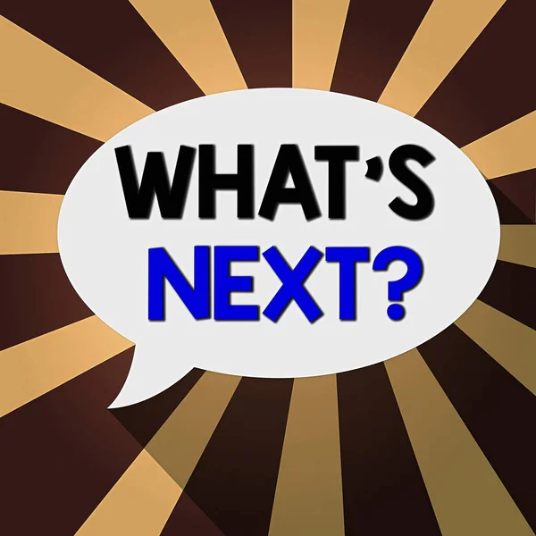 Text sign showing What S Next Question. Conceptual photo asking an individual about his coming actions or behaviors Blank Oval Shape Speech Bubble in solid Color and shadow Burst background. — Stock Photo, Image