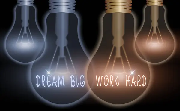 Word skriva text dröm stort arbete hårt. Affärsidé för att tro på dig själv och följa drömmar och mål. — Stockfoto