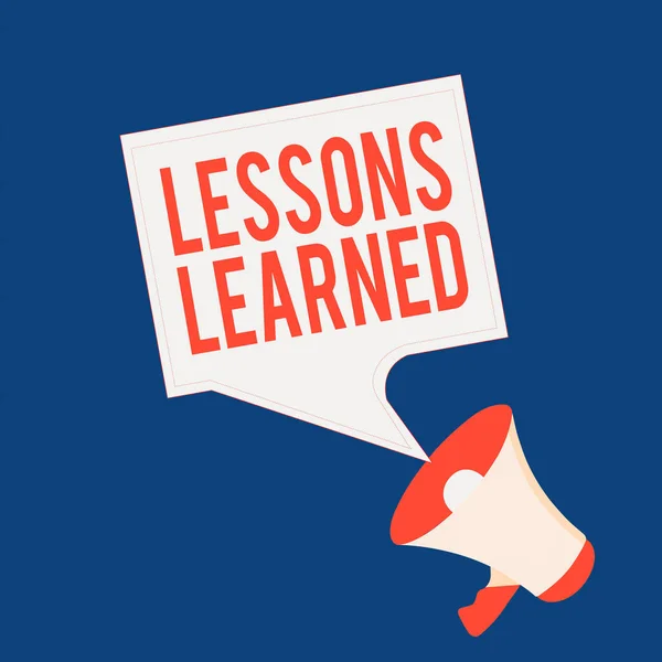 Writing note showing Lessons Learned. Business photo showcasing the knowledge or understanding gained by experience Megaphone and Blank Bordered Square Speech Bubble Public Announcement.