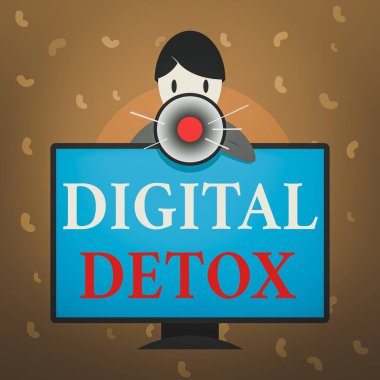 Dijital Detox 'u gösteren kavramsal el yazısı. Elektronik ve dijital aygıtların kullanımını yasaklayan iş fotoğrafı metni Bağlı PC Monitörünün Arkasında Konuşan ve Megafonu Tutan Adam.