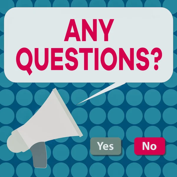 Word writing text Any Questions Question. Business concept for Allowing any interrogative statement from a group of Selection Button Green Yes and Red No with Blank Speech Bubble Megaphone. — Stock Photo, Image