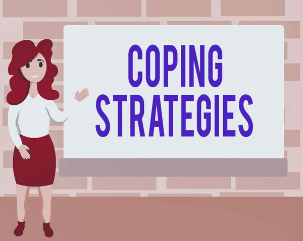 Word writing text Coping Strategies. Geschäftskonzept für einen allgemeinen Plan oder eine Reihe von Plänen, die darauf abzielen, etwas zu erreichen Female Hu Analyse Stehende Hand, die rechteckige weiße Tafel präsentiert. — Stockfoto