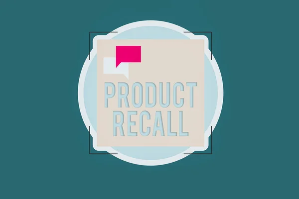 Tekst pisania tekstu Product Recall. Koncepcja biznesowa dla wniosku o zwrot możliwych problemów z produktem na rynku Dwa puste bańki mowy nakładające się na kształt pustego kwadratu powyżej koła. — Zdjęcie stockowe