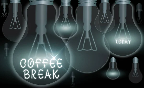 Sinal de texto mostrando Coffee Break. Foto conceitual pouco tempo atribuído para beber café sem fazer qualquer trabalho . — Fotografia de Stock