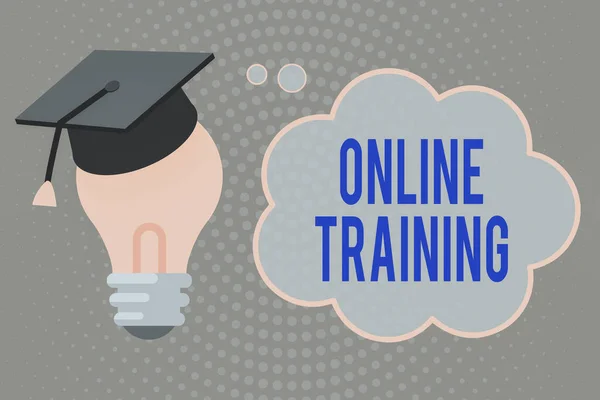 Handwriting text writing Online Training. Concept meaning certain skill is only taught and attainable on the Internet 3D Graduation Cap Thinking Resting on Bulb with Blank Cloud Thought Bubble.