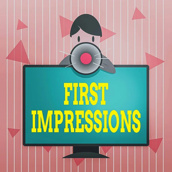 Handwriting text First Impressions. Concept meaning events when one an individual encounters another an individual Man Standing Behind mounted PC Monitor Screen Talking and Holding Megaphone.