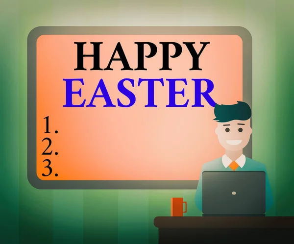 Handwriting text Happy Easter. Concept meaning a celebration of the resurrection of Jesus Christ from at sunrise Blank Bordered Board behind Man Sitting Smiling with Laptop Mug on Desk.