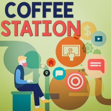 Kelime yazma Kahve İstasyonu. Genellikle sıcak içecekler sunan küçük, gayri resmi bir restoran için iş konsepti Kucağında dizüstü bilgisayarla oturan adam ve Boş Alan 'da SEO Sürücü Simgeleri.