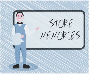 Dükkan Anılarını gösteren metin işareti. Kavramsal fotoğraf, daha önce elde edilmiş veri giriş ve depolama süreci Üniformalı El Gülümseyen Erkek Garson Sunar Boş Menü Kurulu.